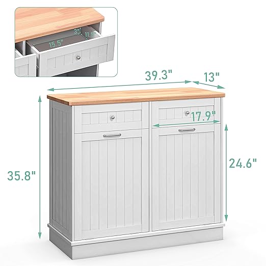 TOLEAD Double Tilt Out Trash Cabinet Free Standing 10 Gallon Recycling Trash Can Cabinet for Farmhouse Kitchen,Living Room, Dining Room, White