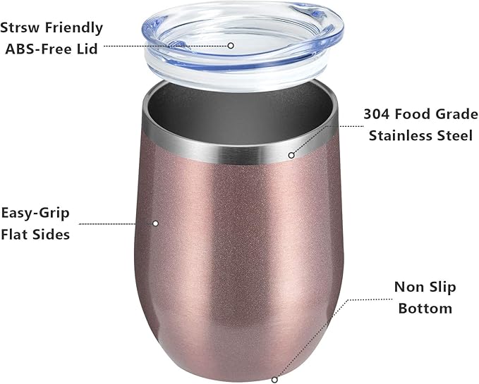 MEWAY Stemless 12 OZ Wine Tumbler Glasses with Lid -Insulated Double Wall Vacuum Stainless Steel Travel Tumbler with Straw,for Woman Under 10 dollars (Rose gold,1)