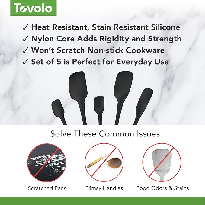 Tovolo Flex Core 5 Piece Silicone Spatula Set Heat Resistant All Silicone Utensils Include Non Stick Spatula Spoonula Jar Scraper, Dishwasher Safe BPA Free Spatulas for Baking Mixing, Black