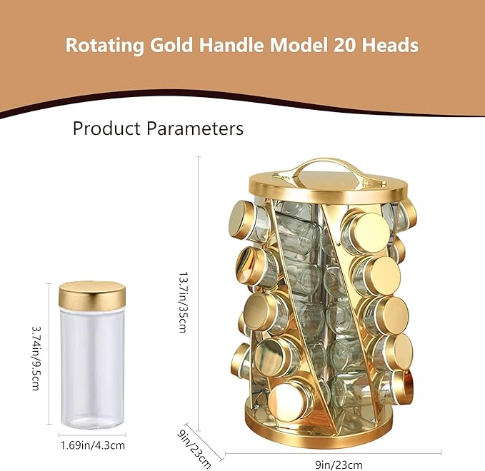 Portable Stainless Steel Spice Rack with 20 Spice Jars Included Revolving Spice Organizer for Kitchen Tower Storage Rack for Spices and Seasoning Gold