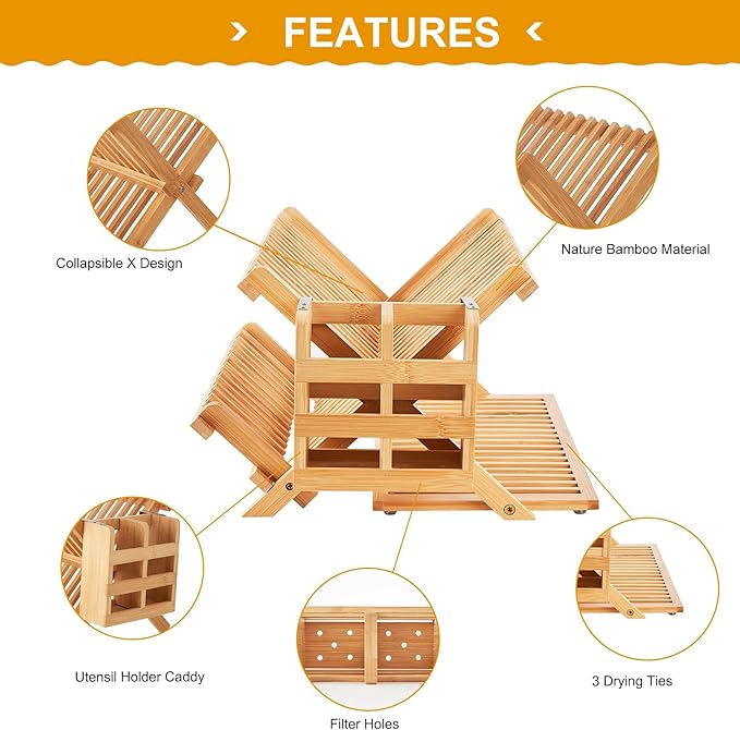 Bamboo Dish Drying Rack, 3 Tier Collapsible Wooden Dish Drainer Rack with Utensil Holder, Plate Rack for Kitchen Counter, Large Folding Drying Holder 51 pcs Grid