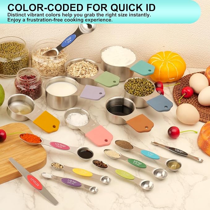 Magnetic Measuring Cups and Spoons Set of 16, 7 Stainless Steel Measuring Cups, 8 Double-Sided Measuring Spoons with 1 Leveler, Color Coded Handles, Dual Markings for Dry and Liquid Ingredients