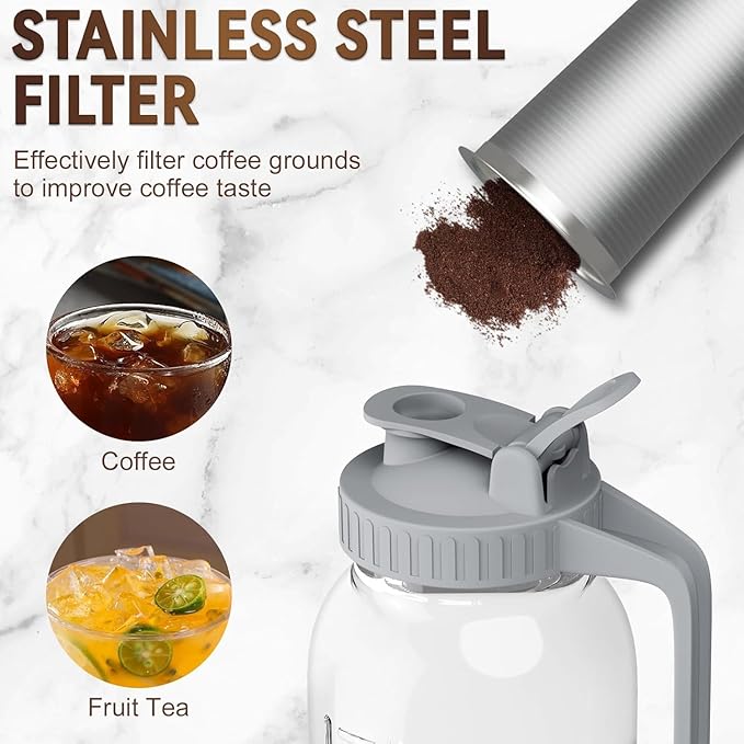 OneDream Cold Brew Coffee Maker, 2 Pack 64oz Stainless Steel Filter Cold Brew Pitcher Jar, No Leaks Cold Brew Mason Jar Coffee Maker, Easy to Clean Cold Coffee Maker