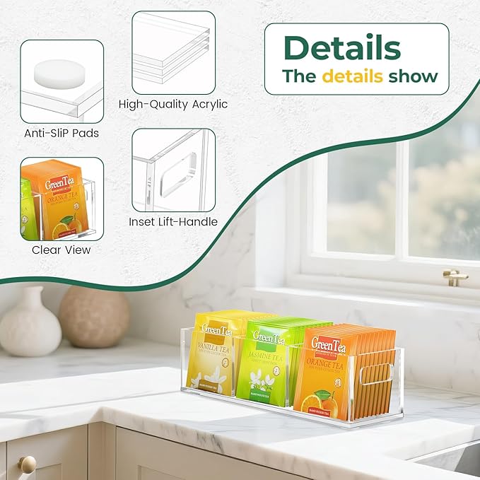 EsLuker.ly Tea Bag Holder Organizer for Counter Small Acrylic Teabag Caddy Storage, 2 Pack Clear Tea Bar Station Accessories with Easy Access for Kitchen Office Countertop Cabinet Drawer