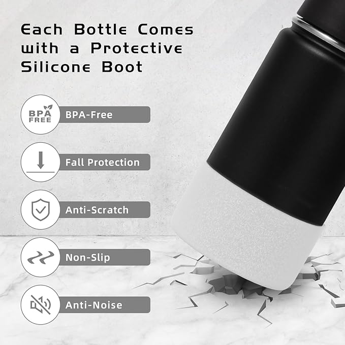 Volhoply 14oz KIds Water Bottle with Straw Lid and Silicone Boot Bulk 2 Pack,Stainless Steel Insulated Cups for Boys & Girls Multipack,Double Wall Vacuum Leakproof Bottles(black,2)