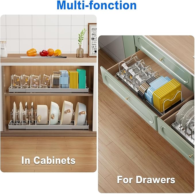 Mustorn Pots and Pans Organizer Under Cabinet, 22" Expandable Food Storage Container Lid Organizers with 9 Adjustable Dividers Pot and Pan Lid Holders Rack Inside Cabinet/Countertop(1 Pack, Gray)