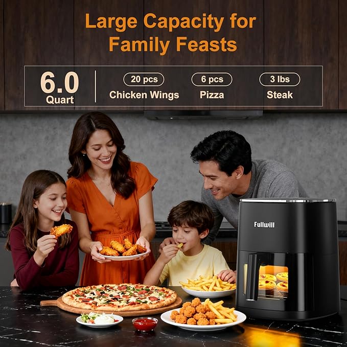 Fullwill Air Fryer with Viewing Window 6QT,12 Cooking Presets,AirFry,Roast,Bake,Reheat,Dehydrate, 1700W Fast Even Heating, Max 400°F, Nonstick Basket Dishwasher Safe,for Families and Party