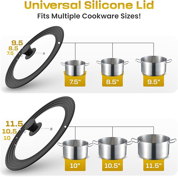 LSR Loreso Universal Pan Lid for Pots Pans and Skillets 7.5-11.5 Inch - Tempered Glass Pot Lid Set with Auto-Sizing Silicone Rim, 2 Pack Black