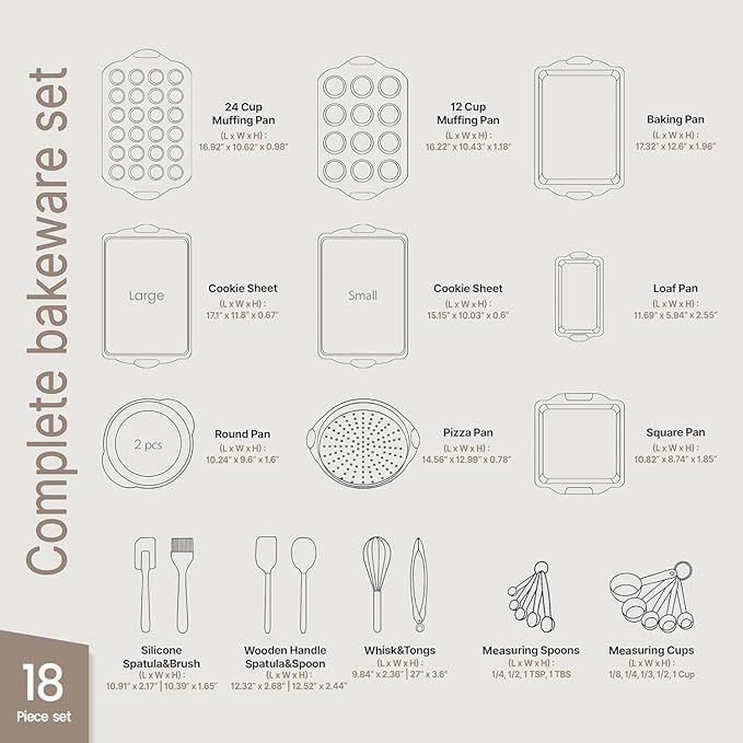 BAKKENMASTER 18-Piece Kitchen Oven Baking Set: Nonstick Gray Marble Coating, Carbon Steel Bakeware, Silicone Handles, Dishwasher Safe, Professional Quality, PFOA-Free