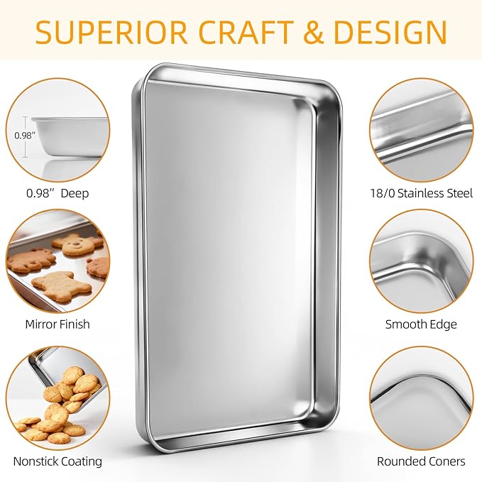 Baking Sheet Pan Set of 8, CEKEE Stainless Steel Cookie Sheets for Baking with Cooling Rack, Small/Quarter/Jelly Roll Pans, 9/10/12/16 Inch, 0.8mm Thick Heavy Duty & Non Toxic & Easy Clean