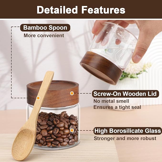 Glass Jars with Airtight Lid, 2 Pack 8oz 240ml Glass Storage Jars with Wood Lids, Screw Top Wide Mouth Kitchen Canister, Sugar and Coffee Containers for Tea, Spice, Candy, Oatmeal, Bean, Herb