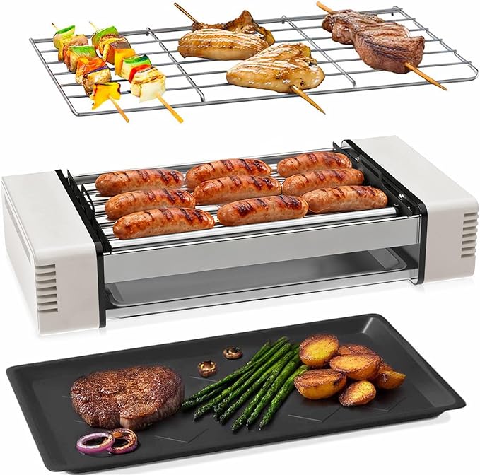 3-in-1 Electric Grill with Hot Dog Roller, Portable Indoor Outdoor BBQ Grill, Griddle and Sausage Roller Machine with Removable Non-Stick Plate & Drip Tray, for Tailgate, Camping, RV, Home Kitchen