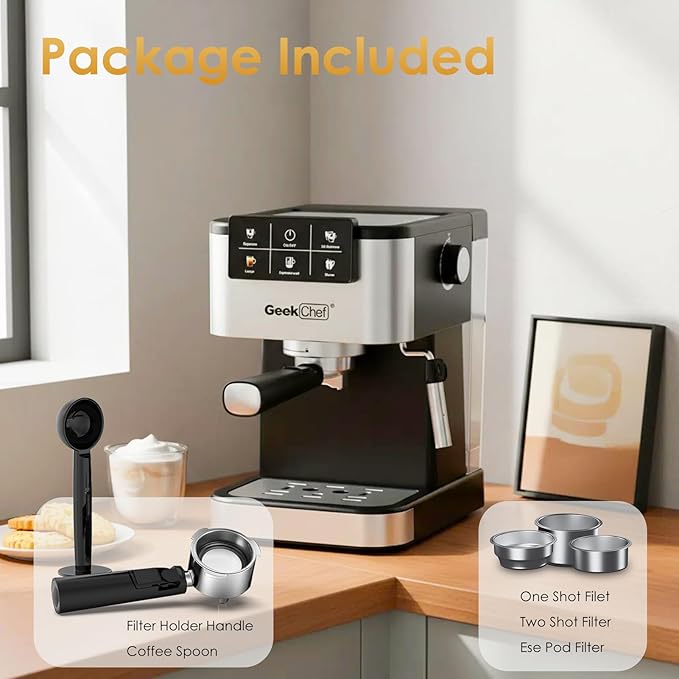 Geek Chef Espresso Machine with Milk Frother, 20 Bar Automatic Espresso Maker, Fast Heating Coffee Maker for Cappuccino, Latte & Iced Coffee, Easy to Use & Clean, for Home Barista
