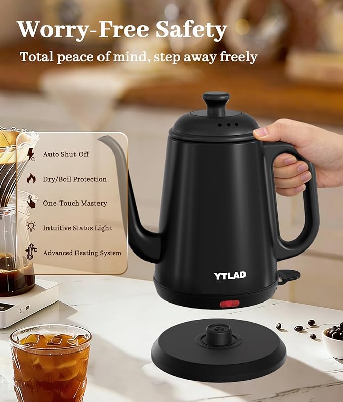Gooseneck Electric Kettle 1L, 1000W Fast Boiling for Pour-Over Coffee & Tea, 304 Stainless Steel BPA-Free, Precise Flow Spout, Auto Shut-Off & Boil-Dry Protection, Retro Style (Black)