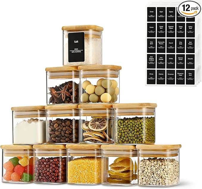 D2scrma 5oz Airtight Square Spice Containers with Bamboo Lid Set of 12 with Black Lables Storage Stackable Spice Jar, Kitchen Canister for Sugar, Tea, Flour, Salt and Seasonings (‎Clear Glass)