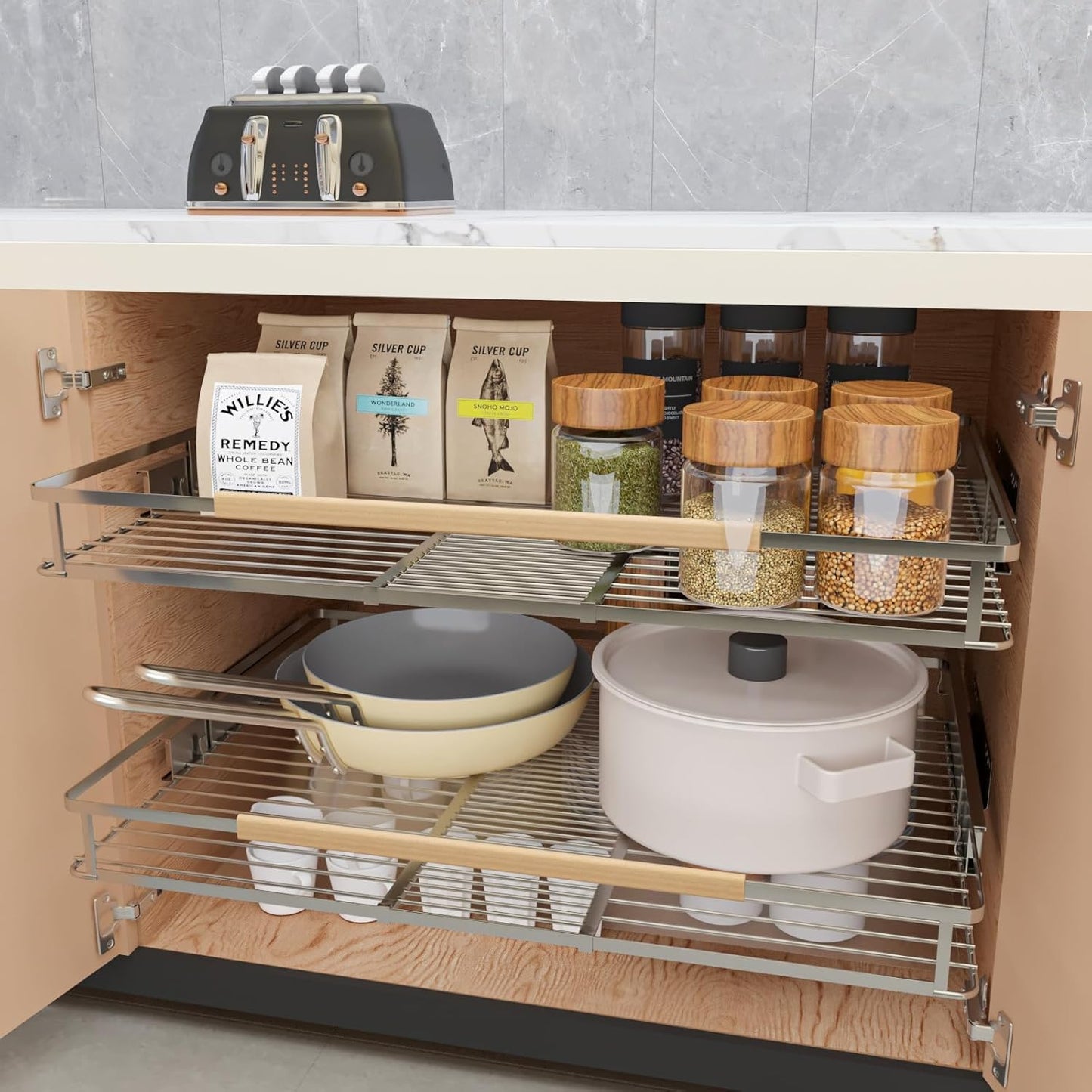 2Pack Expandable Pull Out Cabinet Organizer, Slide Out Drawers for Kitchen Cabinets, Heavy Duty Drawer Slides for Home Kitchen Pantry Cupboard Pots Pans, Adjustable Width 23.2"~39.9" W x 22.5''D