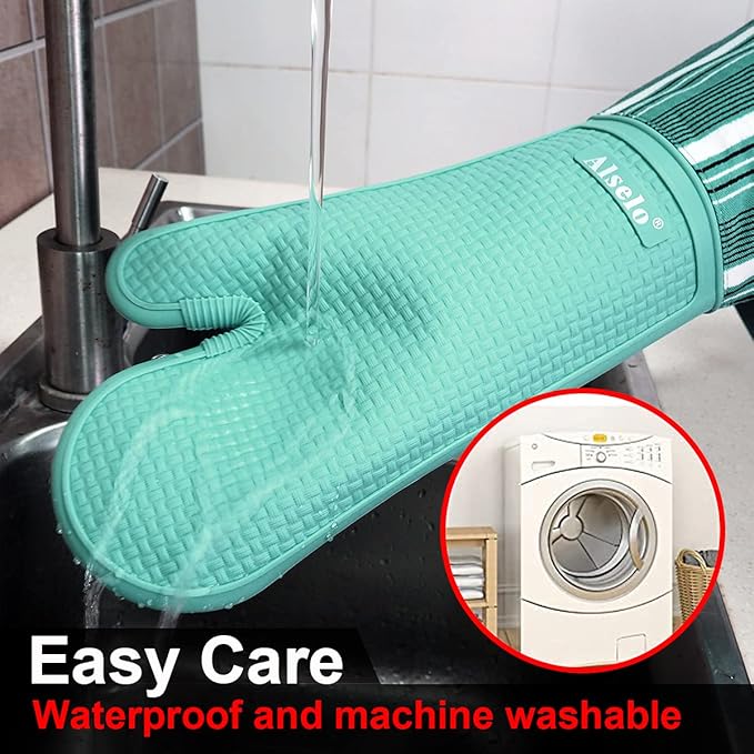 Alselo Silicone Oven Mitts Heat Resistant 550 Degree Extra Long Kitchen Gloves Pot Holders with Waterproof and Non-Silp for Baking Cooking Barbecue Microwave Machine Washable (Extra Long Blue, 2)