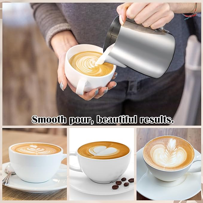 Honeydak 2 Pcs Milk Frothing Pitcher 304 Stainless Steel Steaming Pitchers for Coffee Bar Cappuccino Barista Tools Milk Jug Steamer Frother Cup (12 oz)