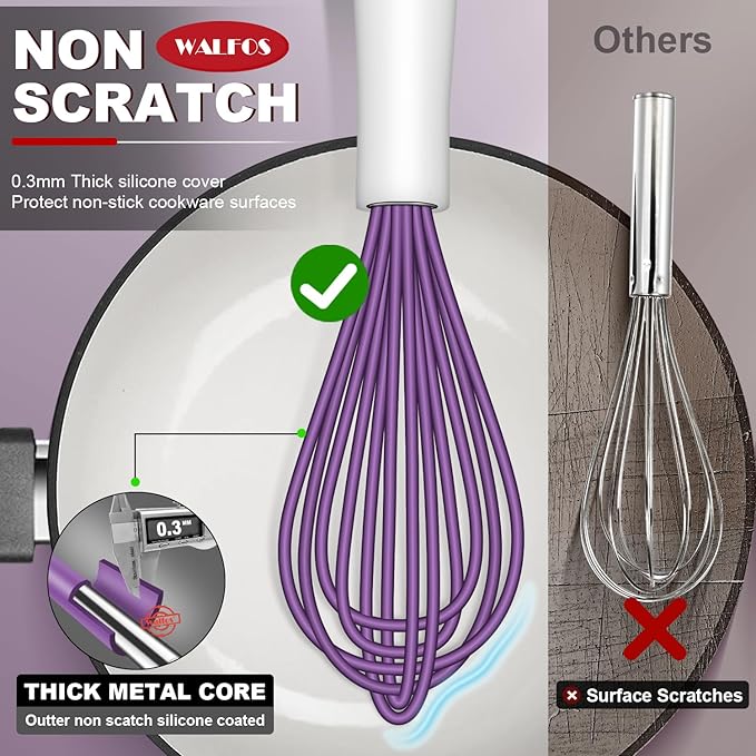 Walfos Whisk,Silicone Whisk Heat Resistant (480°F) Kitchen Whisks set of 5.Non Scratch Coated Whisks for Nonstick Cookware,Egg Wisk Premium for Blending,Whisking,Beating,Frothing. (Purple)
