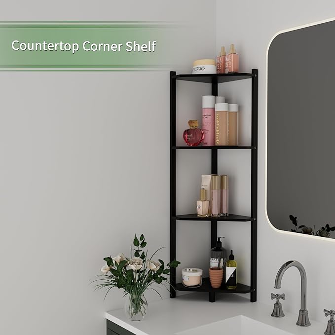 Wisuce Corner Shelf, 100% Real Bamboo Shower Corner Shelves Free Standing Shelf Storage Organizer for Bathroom Living Room Kitchen (Black, 4 Tier)