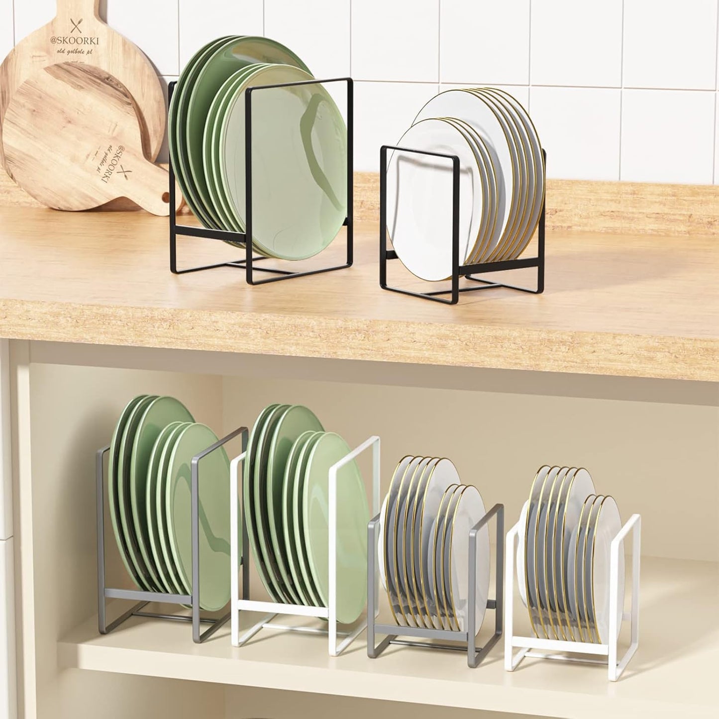 Metal Drying Rack, 3 Pack Inside Cabinet Plate Holders Organizers, Upright Dish Racks for Countertop and Cupboard, Large Capacity, Black (20x16x11.5 cm Each)