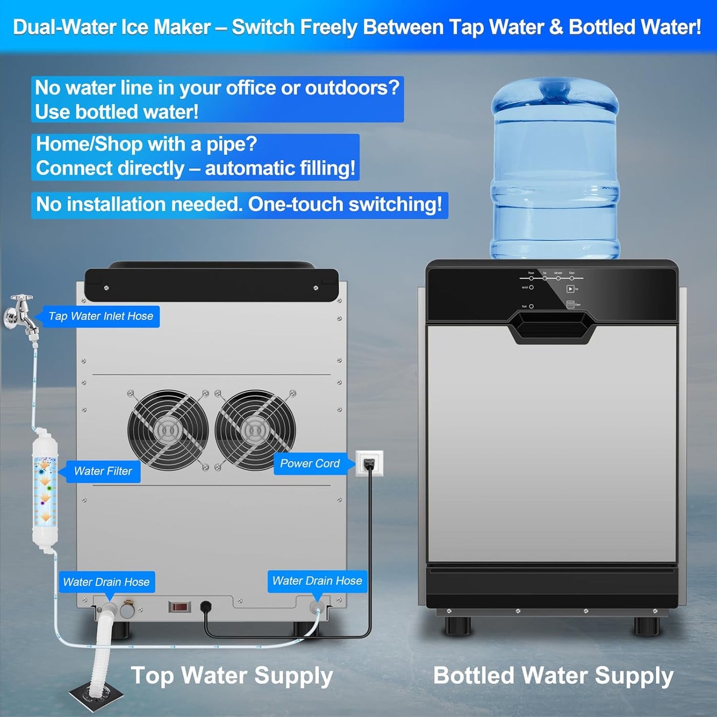 Nugget Ice Makers Countertop Soft Chewable Pellet Ice Machine with Auto-Cleaning Function, Ice/Water/Ice-Water Mix Mode, 50 Lbs/24H Portable Countertop Ice Makers for Home Party RV Camping