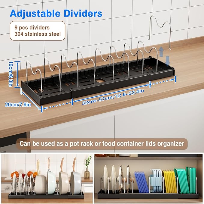 Mustorn 2 Pack Pots and Pans Organizer under Cabinet, 22" Expandable Food Storage Container Lid Organizer with 9 Adjustable Stainless Steel Dividers, ABS Base, Countertop Rack, Black