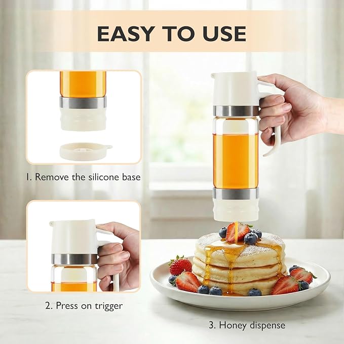 Aelga Honey Dispenser, Honey Dispenser No Drip 12 oz Glass Honey Jar with Handle, Easy Pour Syrup Dispenser for Coffee Bar, Tea & Kitchen Accessories (White)