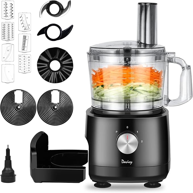 Davivy 7-Cup Food Processor with Built-in Storage Drawer | 600W Motor, 10-Blade Set for French Fries, Wavy Slicing, Dough Kneading | 3-Speed Compact Chopper for Home Kitchen Meal Prep, Black