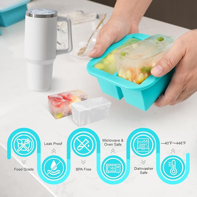 Silicone Freezer Tray with Lid 2 Pack Silicone Freezer Molds Ice Cube Tray Makes 4 Perfect 1 Cup Portions Soup Cubes Meal Prep Containers- Oven & Dishwasher Safe