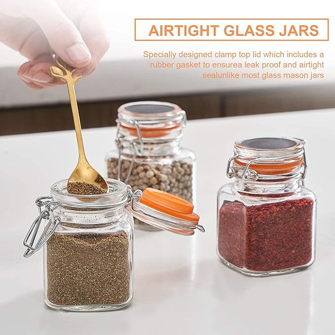 3.4 oz Small Glass Spice Jars with Lables, 24 Pack Empty Mini Square Spice Bottles with Airtight Flip Top Lids, Chalkboard Labels and Collapsible Funnel for Home and Kitchen