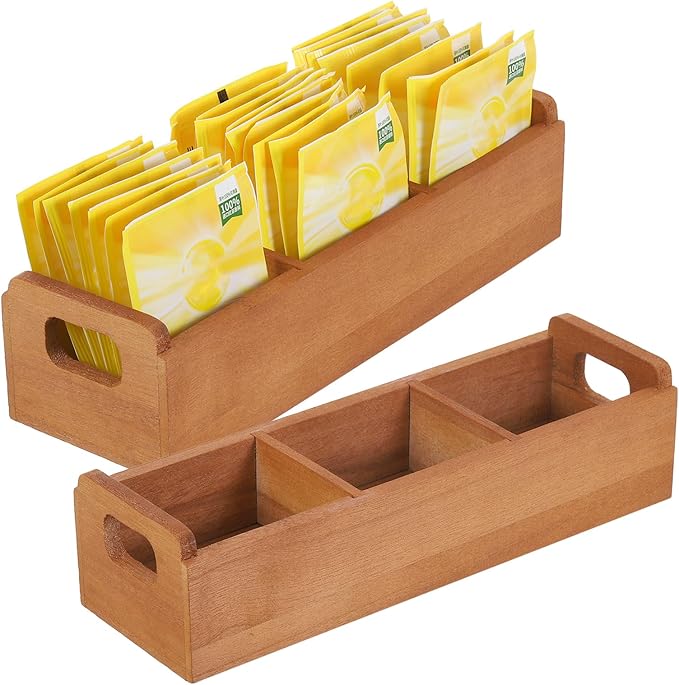 uxcell Tea Bag Organizer, 3 Compartments Pine Wood Tea Box with Handle, Tea Storage Organizer Holder for Tea Bags, Beverage Supplies Sugar Packet, Brown