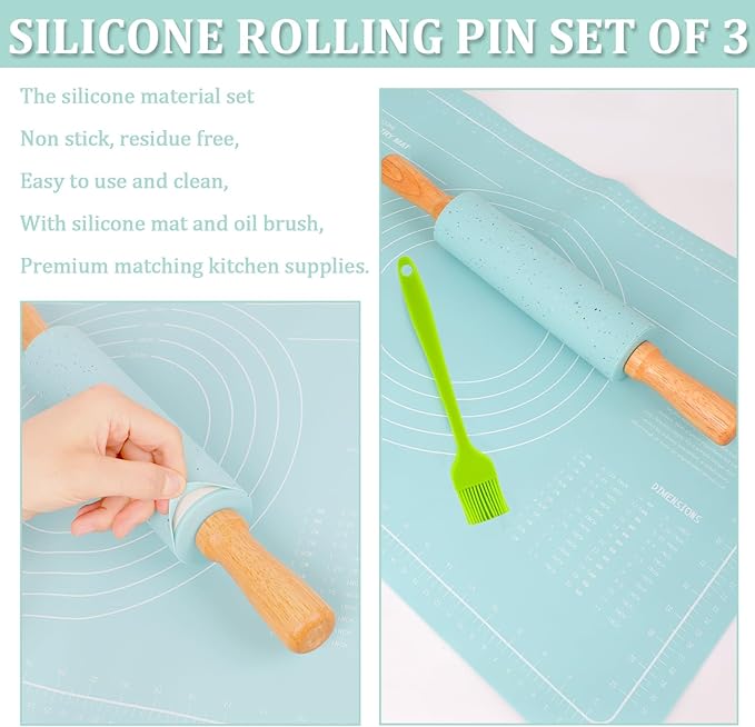3Pcs Silicone Rolling Pin for Baking Sets,15Inch Pastry Dough Roller with Wooden Handle Silicone Mat and Brush, Non Stick Surface Rolling Pins for Dough Cookie Baking Kitchen Accessories(Green)