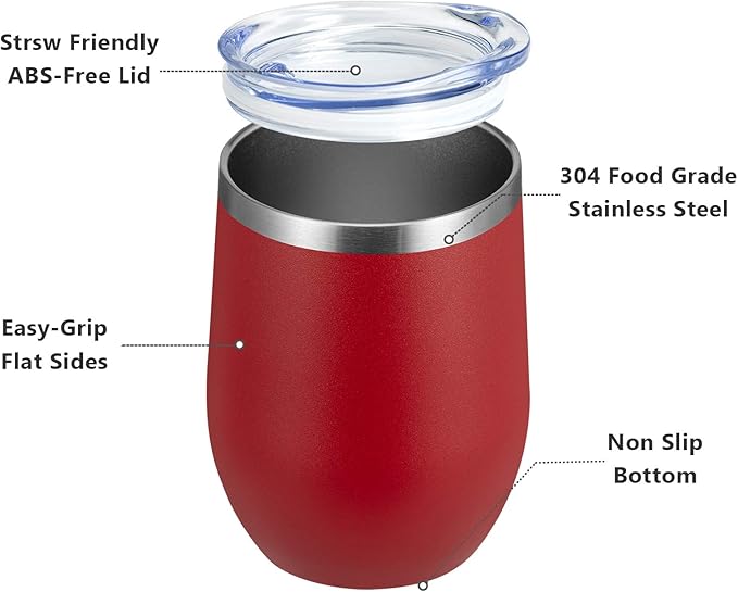 MEWAY 12oz/8 Pack Wine Tumbler Glasses with Lid - Stemless Double Wall Vacuum Stainless Steel Travel Tumbler - Keeping Cold & Hot for Wine,Coffee,Cocktails,Drinks-Family and Gifts (Red,Set of 8)