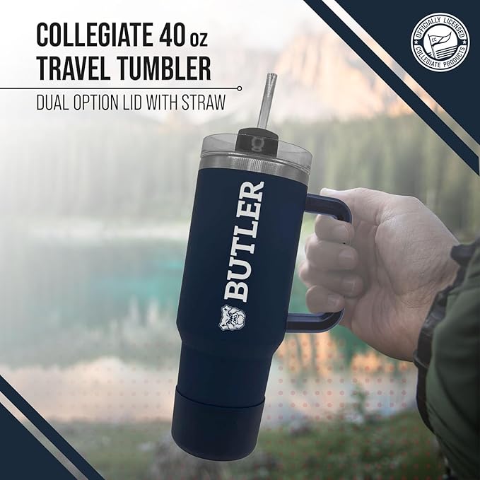 Campus Colors College & University 40 oz Travel Tumbler With Handle - Dual Option Lid With Straw - Vacuum Insulated Stainless Steel (Butler Bulldogs - Navy)