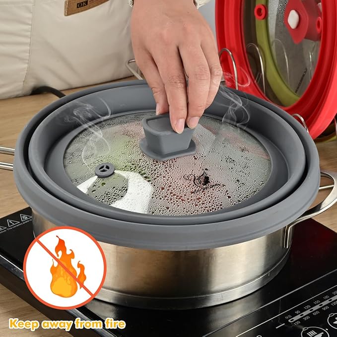 Microwave Splatter Cover Glass Splatter Guard Lid with Collapsible Silicone for Food Pot Plate Cover 11.8 inch Light Grey