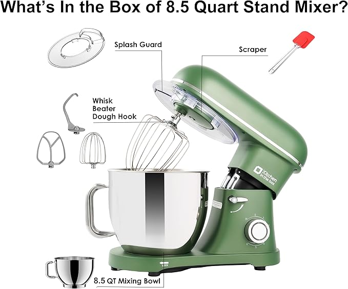 Kitchen in the box Stand Mixer - 8.5 Quart Mixing Bowl with Handle, 900 Watt Heavy Bread Dough Standing Mixers Tilt-head with Dough Hook, Whisk, Flat Beater and Splash Guard (Green)