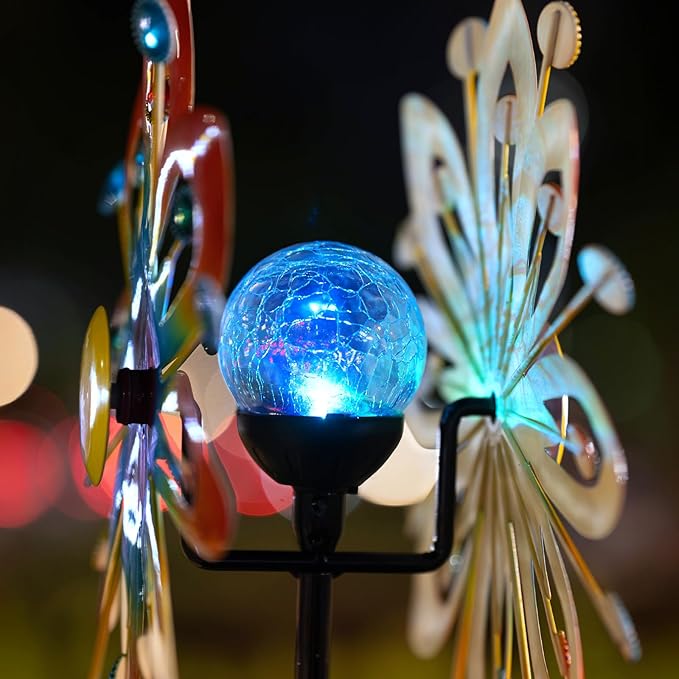 Solar Wind Spinner Outdoor Metal Garden Decor – 60.63'' Kinetic Flower Sculpture with Color-Changing LED Crackle Glass Ball & Gemstone, Waterproof Wind Catchers for Patio, Yard, Lawn Art Decoration