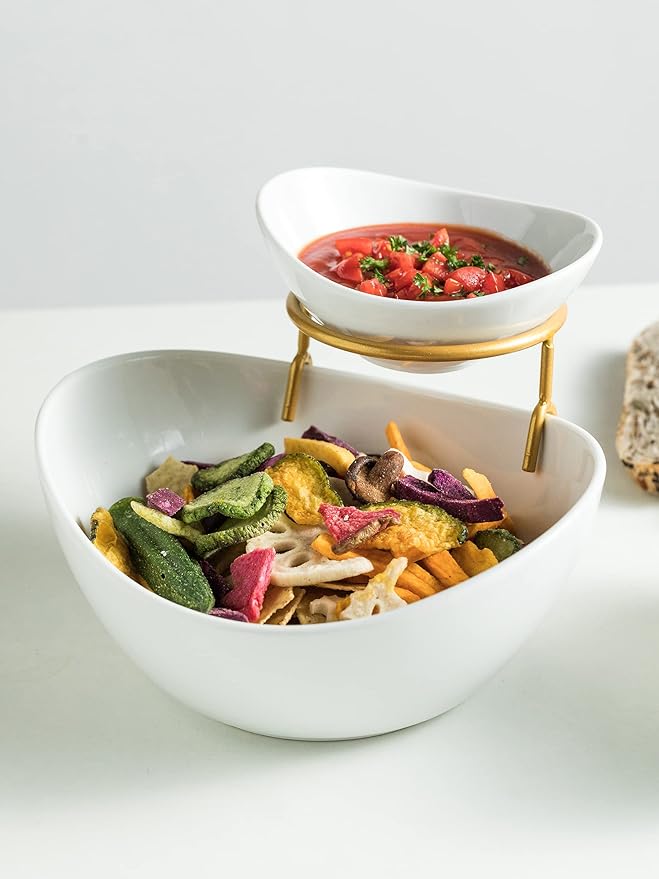 Miamolo Porcelain Serving Bowl Set for Appetizer Serving Dishes Set with 2 Compartment, Chip and Dip Taco Rack Display Salad Bar Serving Set, Gold Stand