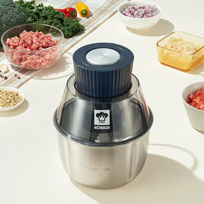 KOBACH Electric Food Processor & Meat Grinder – 1.9 Qt Food Chopper with Pure Copper Motor, Dual-Layer Blades, Procesador de Alimentos Electrico