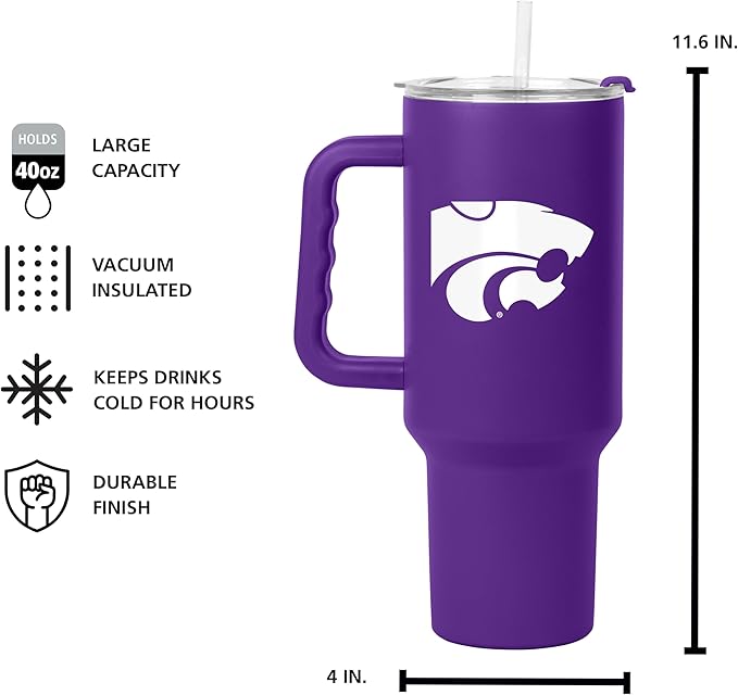 Logo Brands NCAA 40 oz Tumbler with Handle -Stainless Steel Insulated Travel Tumbler with Straw Lid – Powder Coated, Leak-Resistant, Keeps Drinks Hot/Cold – Great for Tailgating, or Everyday Use