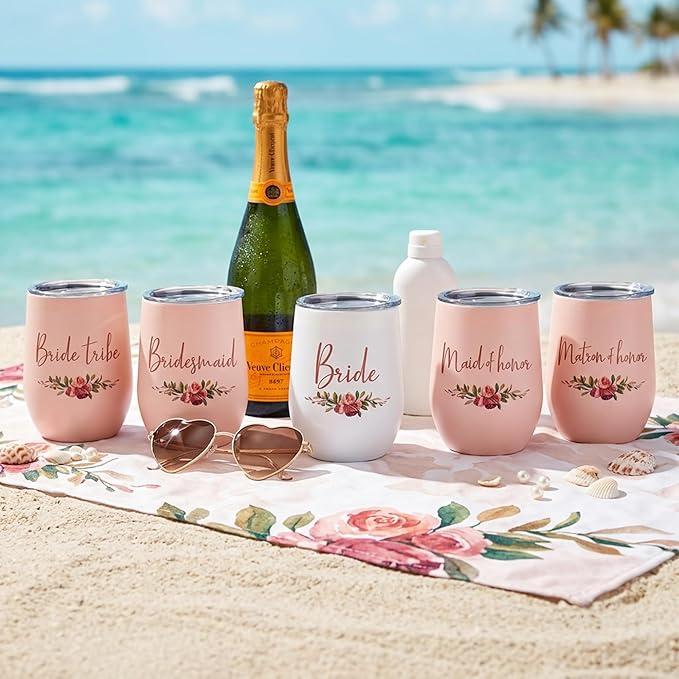 CARAKNOTS Bridesmaid Gifts Bridesmaid Proposal Gifts Wedding Tumbler for Engagement Bachelorette Party Cups Pink Stainless Steel Wine Tumbler with Lid and Straw 12 oz