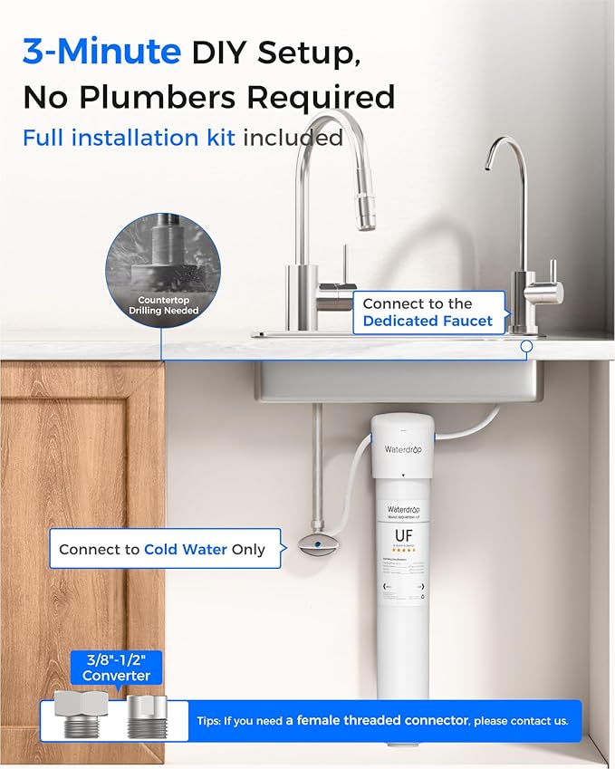 Waterdrop 17UBW-UF 0.01 μm Ultra Filtration Under Sink Water Filter System, 3 Years, Reduces Lead, Chlorine, Bad Taste & Odor, with Dedicated Brushed Nickel Faucet