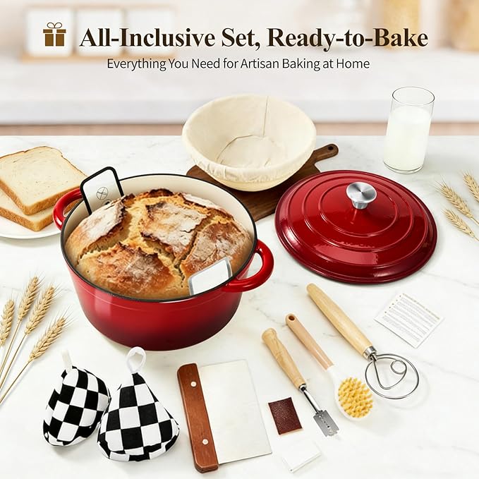 Enameled Cast Iron Dutch Oven with Lid -6.5 QT, incl. Sourdough Bread-Baking Supplies like Banneton Proofing Basket, Heavy Duty Cookware Bread-Oven for Baking, Stews, and Roasting, cherry red