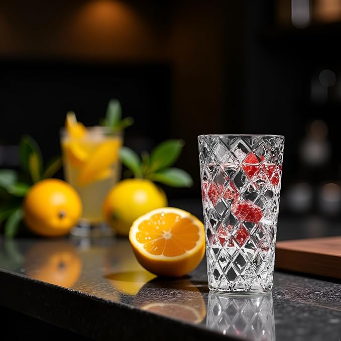 Glaver's Drinking Glasses Set of 4. Tall Highball Glasses. 14oz. Textured Diamond Cut Elegant Drinking Glass Cups- Kitchen Glassware for Water, Iced Tea, Juice, Cocktail.