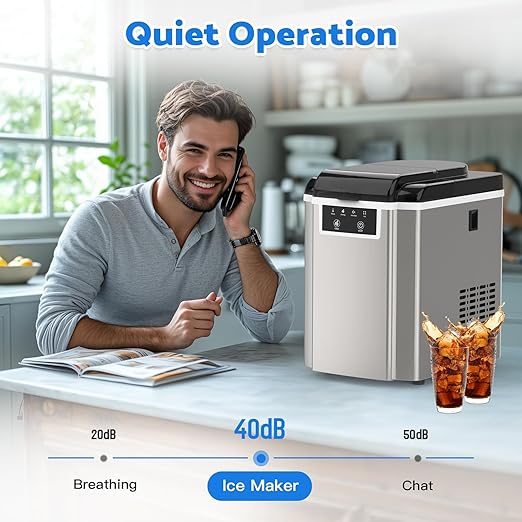 Countertop Ice Makers Machine with Basket and Scoop, 38Lbs/24h Soft Chewable Pellet Ice, One-Click Operation, Nugget Ice Maker for Home, Kitchen, Camping, RV, Office and Party,Sliver