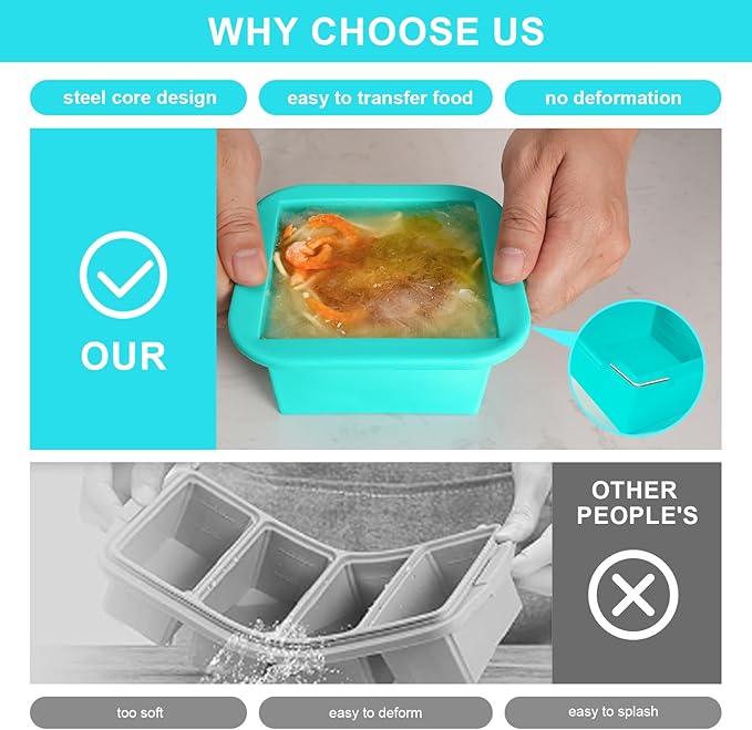 Silicone Freezer Tray with Lid 4 Pack Silicone Freezer Molds Ice Cube Tray Makes 4 Perfect 2 Cup Portions Soup Cubes Meal Prep Containers- Oven & Dishwasher Safe