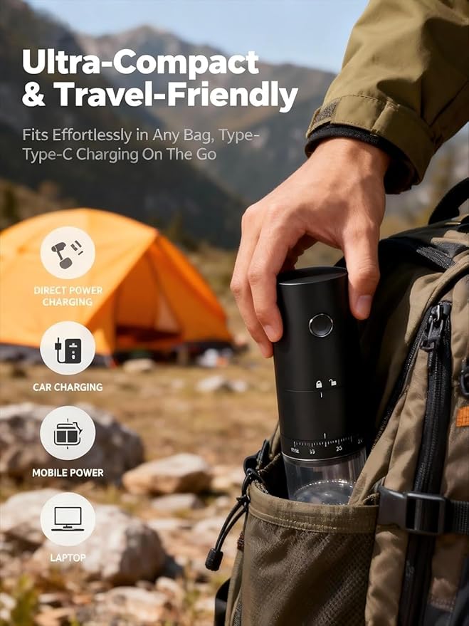 LAMIDO Portable Electric Burr Coffee Grinder - Grind While Charging - 38 External Adjustable Grind Settings - 1.8X Faster Grinding - 2000 mAh Rechargeable Battery for Travel, Camping - Matte Black