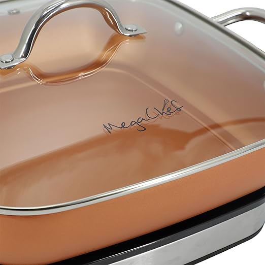 MegaChef Electric Fry Pan with Copper Non-Stick Coating, Tempered Glass Lid & Adjustable Temperature Control, Versatile Small Kitchen Appliance (11.81 Inch Fry Pan)
