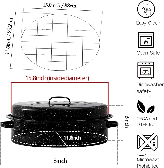 Oval Roasting Pan with Lid and Rack 18" Large Roaster Pan Set Comes With Lron Rack Enamel Cook Ware Dishwasher Compatibility Granite Oven Roaster
